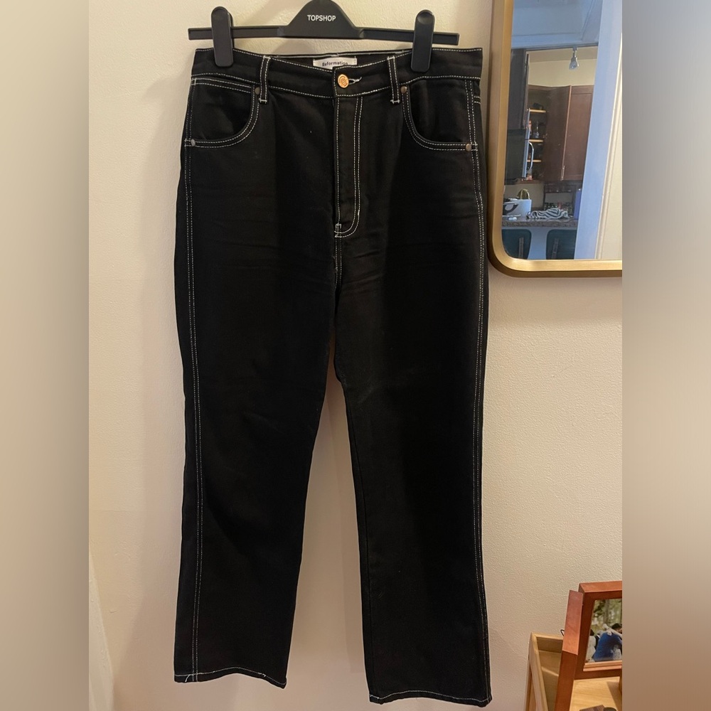 Black Reformation Wide Leg Jeans with White Stitching - Size 29